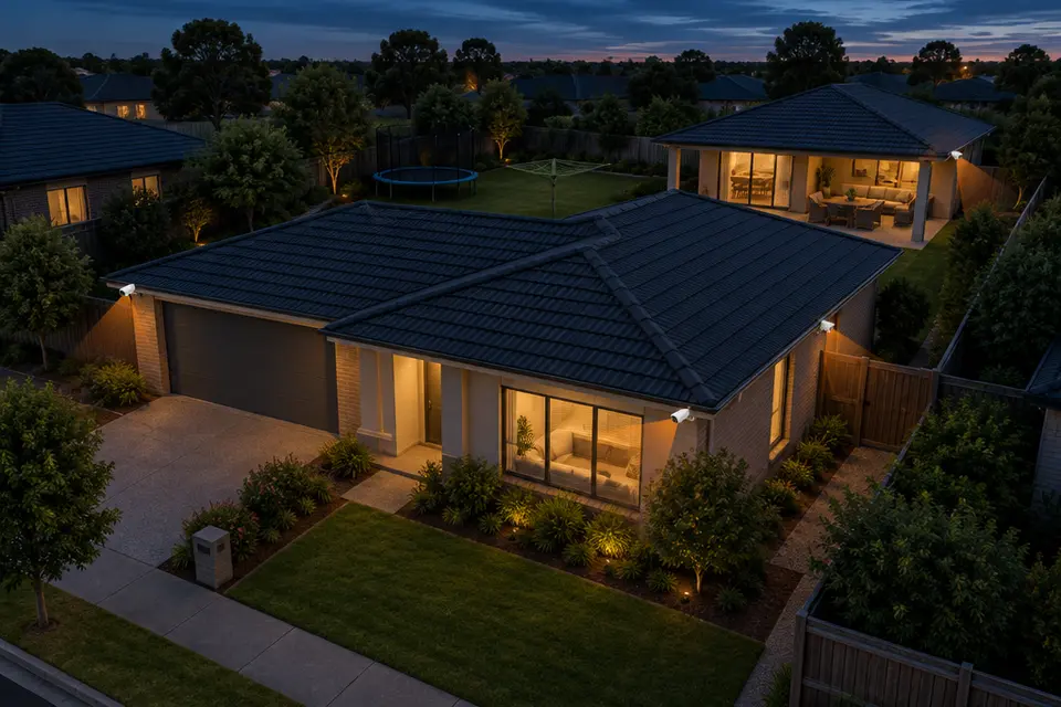 A family home with cameras on the eaves