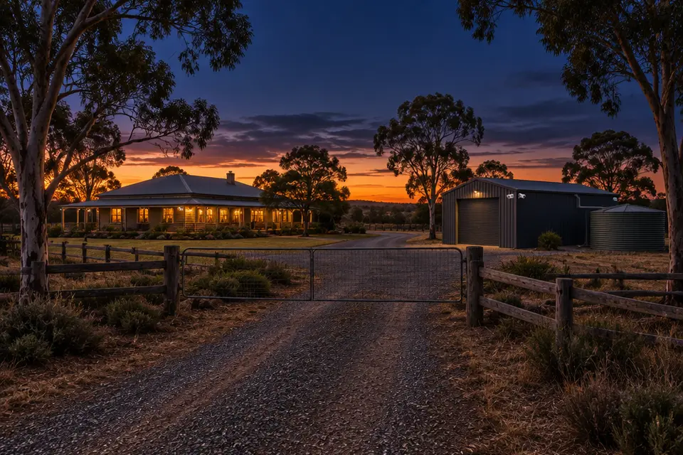 An acreage property with a shed and a long driveway