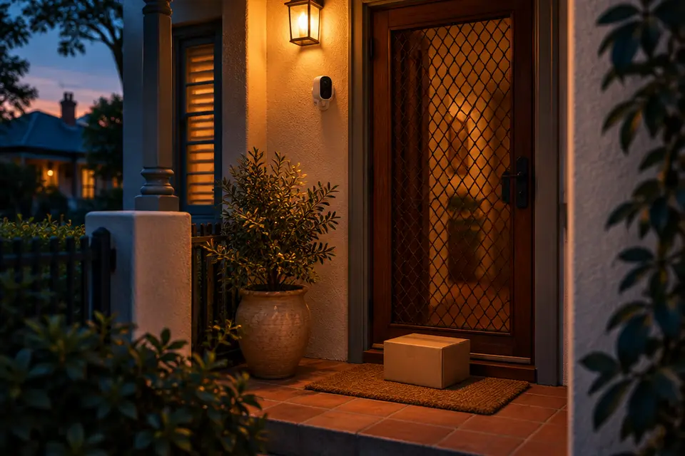 A townhouse front door with one camera