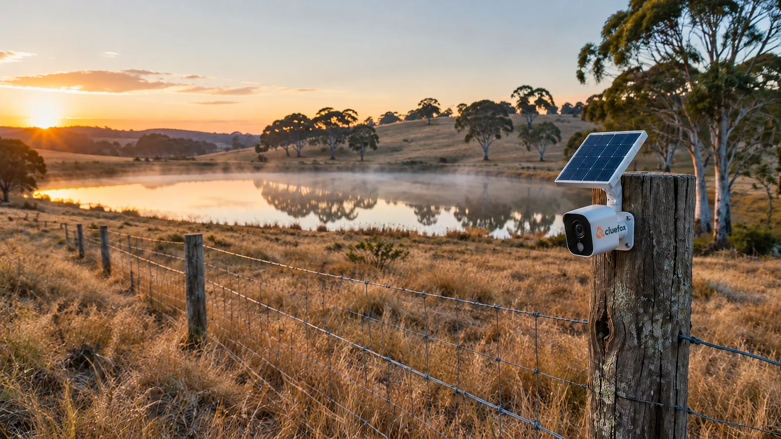 Illustrative view of a solar camera on a fence post above a paddock and dam at dawn, with a Cluefox-branded camera.
