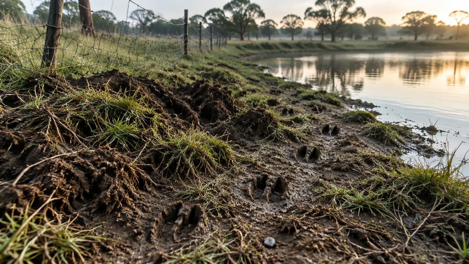 Illustrative view of pig rooting damage and tracks at a dam edge.
