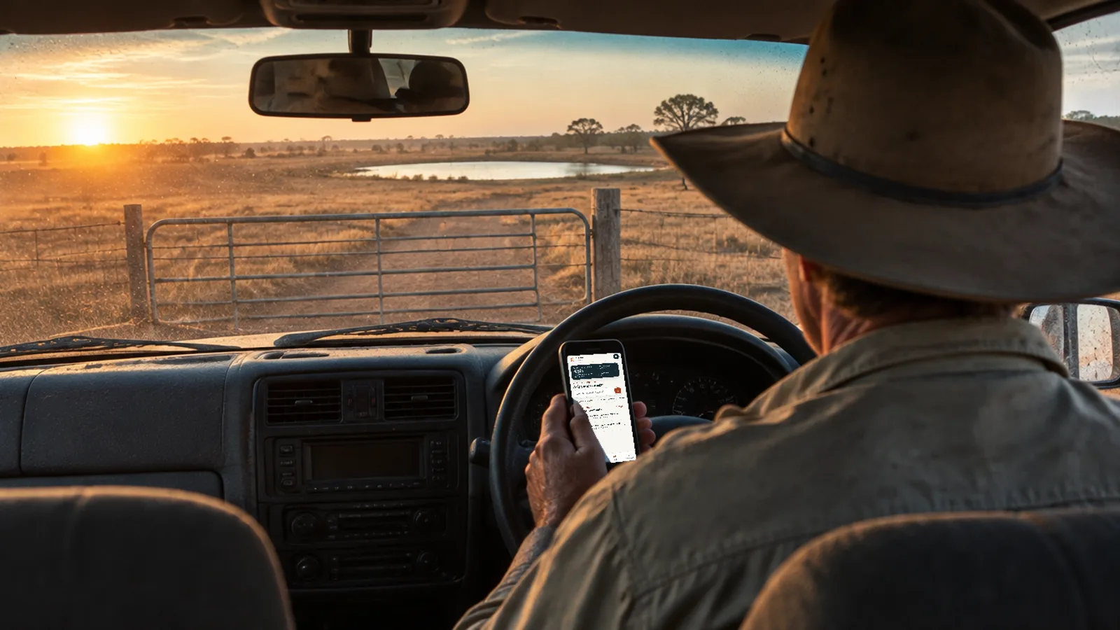 Illustrative view of a farmer in a ute at a paddock gate, looking at the real Cluefox Home interface with illustrative app data; their face is not visible.